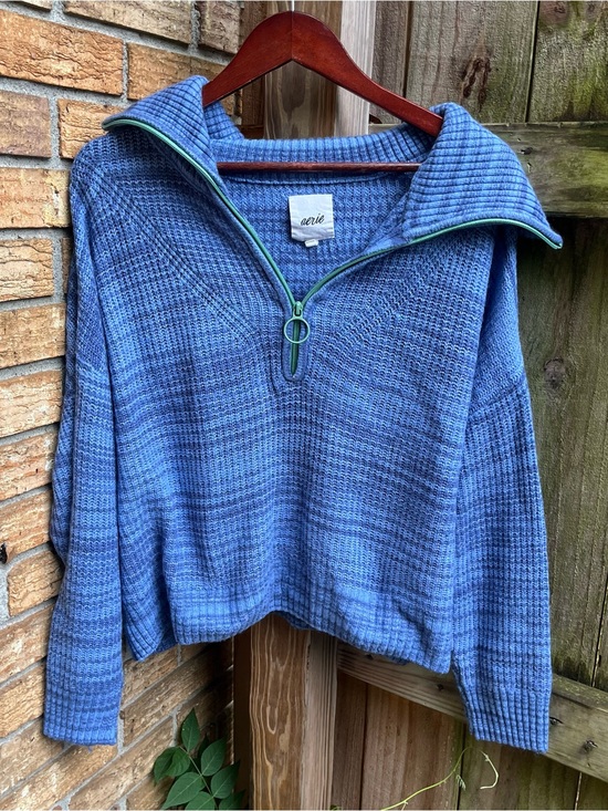 aerie Sweaters - aerie Oversized Blue Knit Quarter-Zip Pullover with Green Zipper